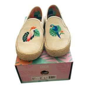 Keds x Sunnylife Slip-On Shoes, Size 8M, Colorful Birds on Front, Beige w/Trim